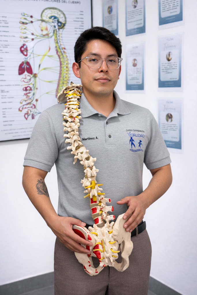 Doctor Aaron sosteniendo una columna vertebral en 3d tamaño real con cuadro de órganos internos del ser humano como fondo.