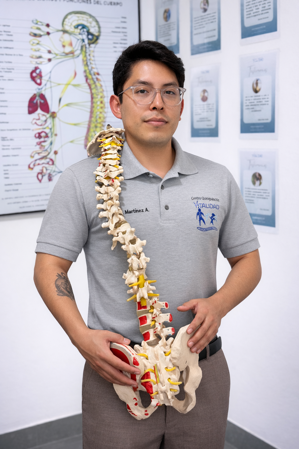 Doctor Aaron sosteniendo una columna vertebral en 3d tamaño real con cuadro de órganos internos del ser humano como fondo.